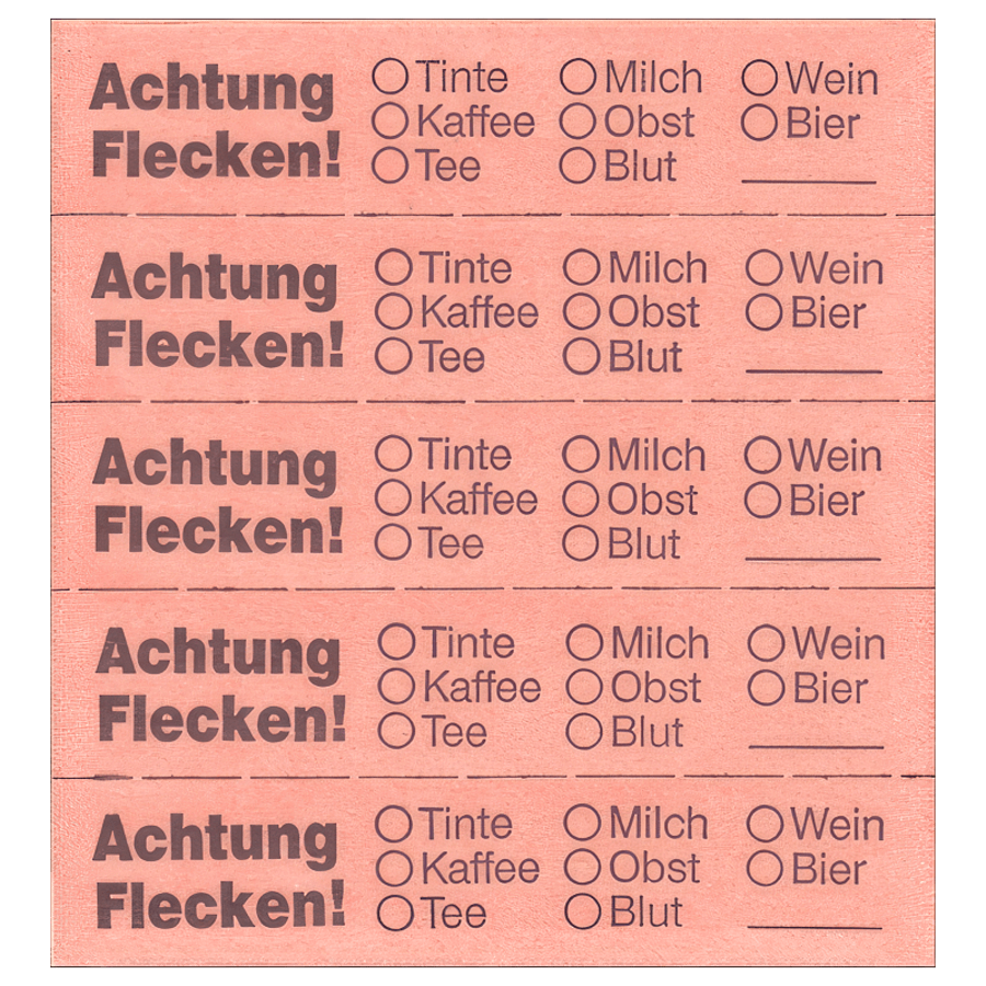 Markierungszettel ``Achtung Flecken`` orange geblockt a.100 Blatt=500 Abrisse